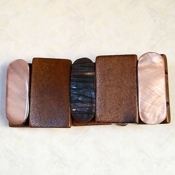 Vintage 1970s Wood and Acrylic Stretch Cuff Bracelet - Picture 5 of 16